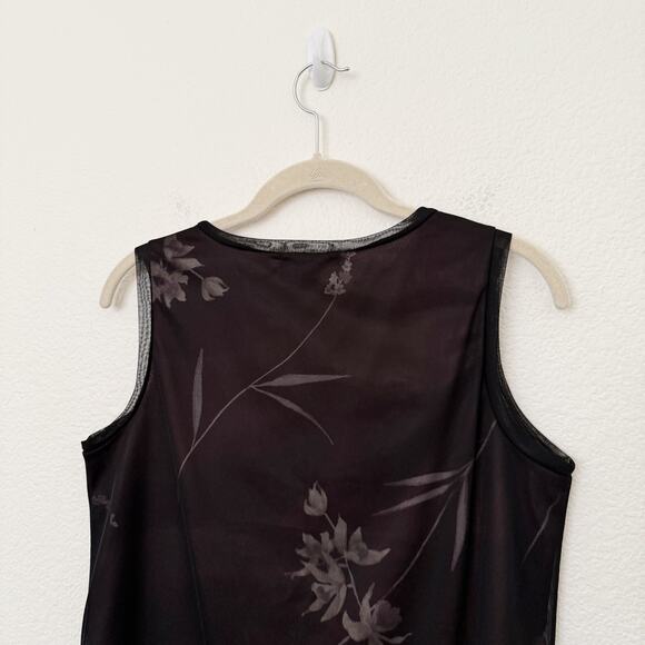 [Vintage] 90s Y2K Brown Black Mesh Crew Neck Floral Print Tank Top Size Small S - Picture 4 of 11